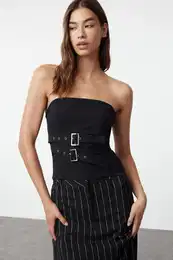 Black Double Belted Strapless Woven Blouse