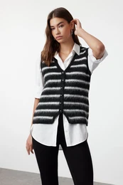 Black Soft Texture Striped V Neck Regular Vest