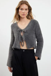 Anthracite Crop Feather Tie Detailed Knitwear Cardigan