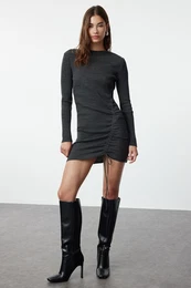 Anthracite Mini Knitwear Gathered Detail Dress