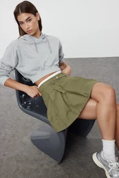 Khaki Double Belt Detailed Pleated Mini Woven Skirt