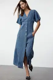 Blue Stitch Detailed V Neck Maxi Denim Dress