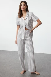 Gray Striped Cotton Woven Pajama Set