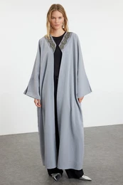 Gray Embroidery Accessory Detailed Woven Cap & Abaya & Abaya