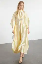 Yellow Accessory Detail Satin Woven Evening Dress Kaftan Jalabiya
