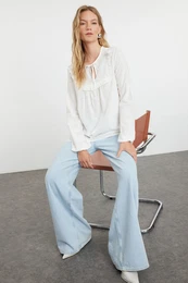 Ecru Collar Ruffle Detailed Woven Shirt