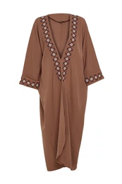 Brown Embroidered Woven Cap & Abaya & Abaya