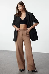 Mink Wide Leg Pleated Woven Fabric Trousers