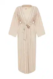 Beige Linen Look Woven Cap & Abaya & Abaya with Embroidery Detail