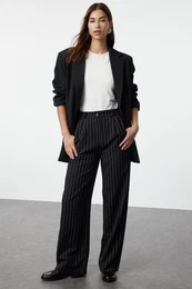 Black High Waist Wide Leg Striped Woven Trousers