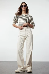 Ecru Waist Detail High Waist Wide Leg Trousers