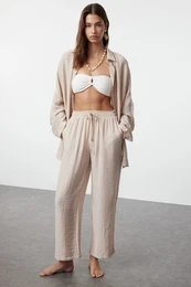 Beige Woven Linen Look Shirt Trousers Beach Suit