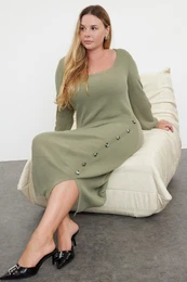 Curve Light Khaki Button Detailed Slit Knitwear Dress