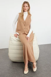 Camel Knitwear Vest Skirt Bottom-Top Set