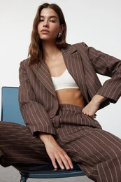 Brown Regular Crop Striped Woven Blazer Jacket