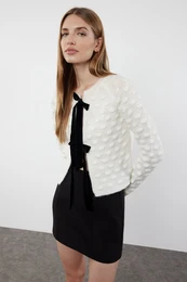 Ecru Crop Soft Textured Ribbon/Bow Detailed Knitwear Cardigan