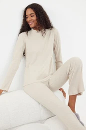 Beige Baby Overlock Detailed Stand Collar Ribbed Knitted Pajama Set