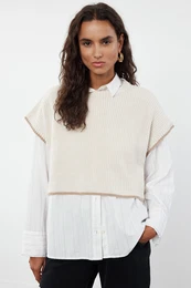 Stone More Sustainable Wide Pattern Crop Crew Neck Knitted Sweater