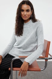 Gray Soft Textured Stand Collar Seamless Knitwear Sweater