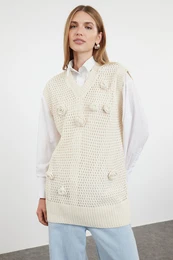 Stone Applique Flower Detailed Openwork/Perforated Knitwear Sweater