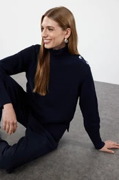 Navy Blue Button Detailed Knitwear Sweater
