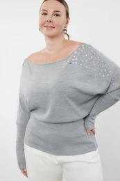 Curve Gray Melange Low Shoulder Stoned Knitwear Sweater