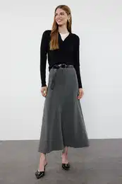 Gray Premium Yarn/Special Yarn Midi Knit Skirt