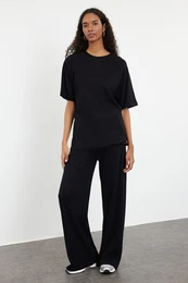 Black Relaxed/Comfortable Pattern Wide Leg/Wide Leg Knitted Blouse/Pants Top-Bottom Set