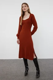 Tile Midi Knitwear Sweetheart Neckline Dress