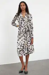 Beige Leopard Patterned Wrap Midi Tie Detailed Woven Dress