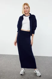Navy Blue Zippered Soft Textured Knitwear Bottom-Top Set