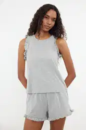 Gray Melange 100% Cotton Frilled Shorts Knitted Pajama Set