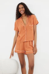 Cinnamon Piping Detailed Viscose Woven Pajama Set