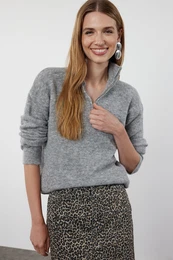 Grey Wool Stand Collar Zippered Knitwear Sweater