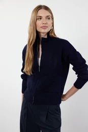 Navy Blue Soft Textured Zippered Knitwear Cardigan