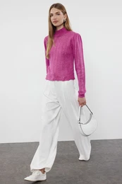 Dusty Rose Openwork/Perforated High Collar Knitwear Sweater