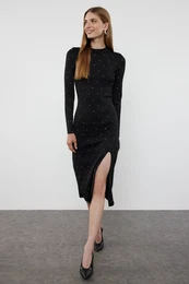Black Midi Knit Stone Embroidered Dress