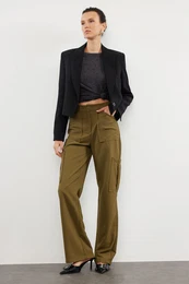 Khaki Cargo Straight/Straight Cut Double Pocket Woven Fabric Trousers
