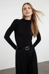 Black Premium Yarn/Special Yarn Stand Collar Knitwear Sweater