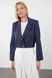 Navy Blue Regular Crop Striped Woven Blazer Jacket
