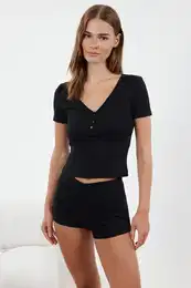 Black Button Detail Knitted Pajama Set with Ribbed Shorts