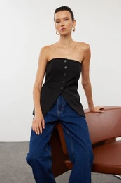Black Strapless Vest Woven Blouse