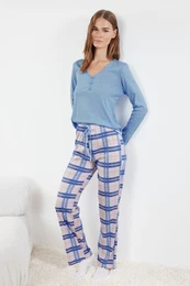Blue 100% Cotton Plaid Tie and Button Detailed Knitted Pajama Set