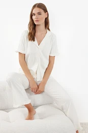Ecru 100% Cotton Ruffle Detailed Knitted Pajama Set