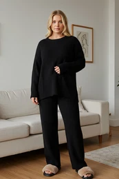 Curve Black Ribbed Crew Neck Plus Size & Maternity Knitwear Sweater Trouser Set