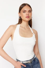 White Halter Neck Belt Detail Fitted Knitted Blouse