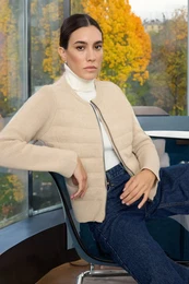 Beige Crew Neck Zippered Coat-Look Knitwear Cardigan