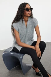 Gray Soft Texture V Neck Side Slit Knitted Sweater