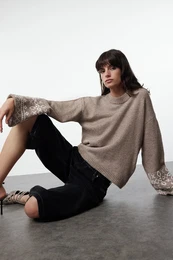 Mink Soft Texture Sleeve Detailed Crew Neck Knitwear Sweater