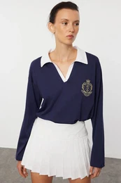 Navy Blue Polo Neck Embroidery and Poplin Garni Detailed Oversize/Wide Pattern Knitted T-Shirt